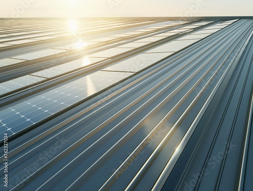 An expansive view of solar panels with the setting sun reflecting on their surface, symbolizing renewable energy.