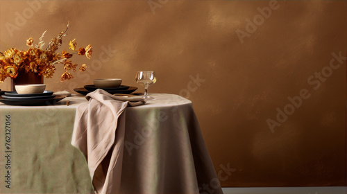 ?? An elegant table setting with dried flowers centerpiece in a minimalist style with warm colors.