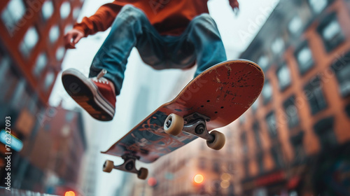 Wide closeup photo from below, an active skateboarder performing at a middle of city, action in the air with jeans and orange color jersey 
