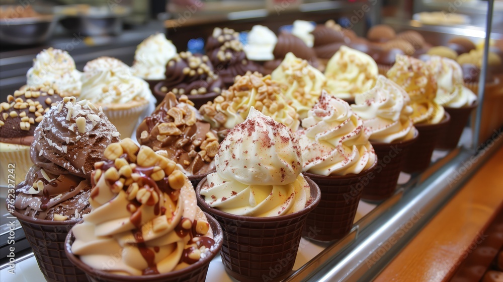 Assorted gourmet ice creams in vibrant display case Assorted gourmet ice creams in vibrant display case