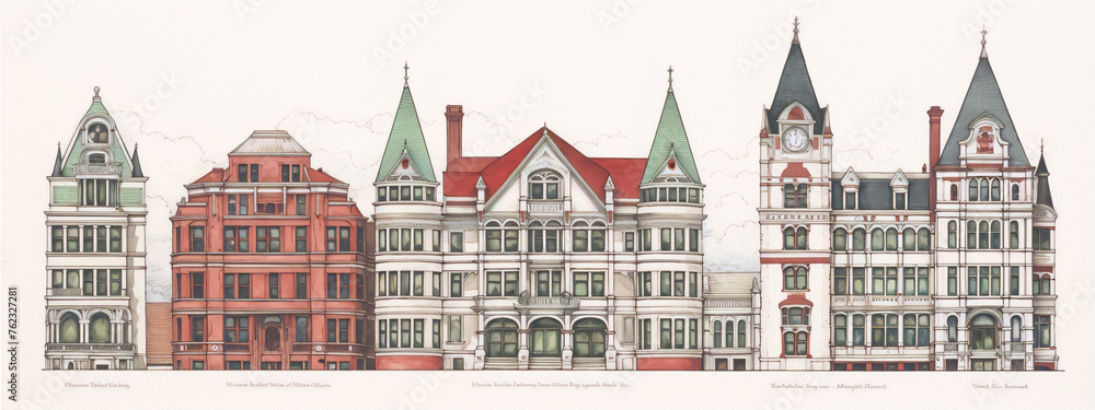 Watercolor painting of a row of five historic buildings with ornate details in muted colors.