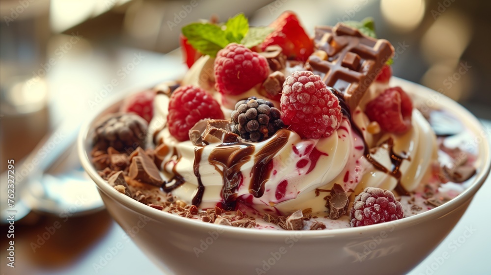 Decadent ice cream sundae with berries and chocolate Decadent ice cream sundae with berries and chocolate