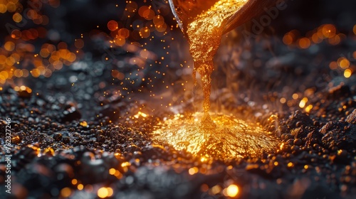 Pouring liquid gold into graphite casting form from furnace. Crafting elegance, gold from melting to mold © saichon