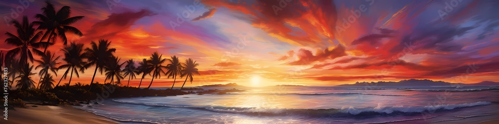 At the end of the world, a paradise beach basks in the golden light of the setting sun. The sky is ablaze with fiery hues, mirrored in the crystal-clear waters that stretch endlessly. 