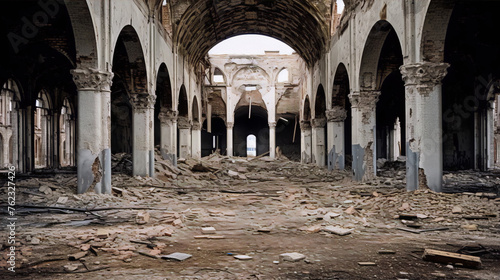 Destroyed church interior with broken columns, rubble, and debris in the aftermath of war