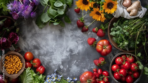 Fresh organic produce and flowers on a rustic background