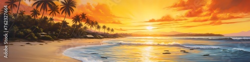 At the end of the world, a paradise beach basks in the golden light of the setting sun. The sky is ablaze with fiery hues, mirrored in the crystal-clear waters that stretch endlessly.  © HASHMAT