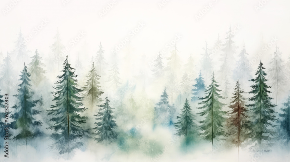 Watercolor landscape of fir trees in the fog, mountains spruce trees forest border, background wallpaper, print, for printing, poster, wall art painting, interior, Generative ai Watercolor landscape of fir trees in the fog, mountains spruce trees forest border, background wallpaper, print, for printing, poster, wall art painting, interior, Generative ai