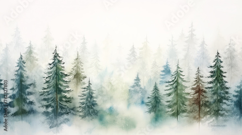 Watercolor landscape of fir trees in the fog, mountains spruce trees forest border, background wallpaper, print, for printing, poster, wall art painting, interior, Generative ai © Александра Низенко