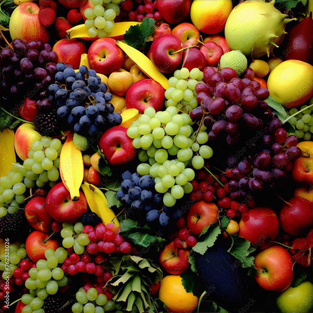 An image of various fruits in a still life arrangement with bright colors. An image of various fruits in a still life arrangement with bright colors.