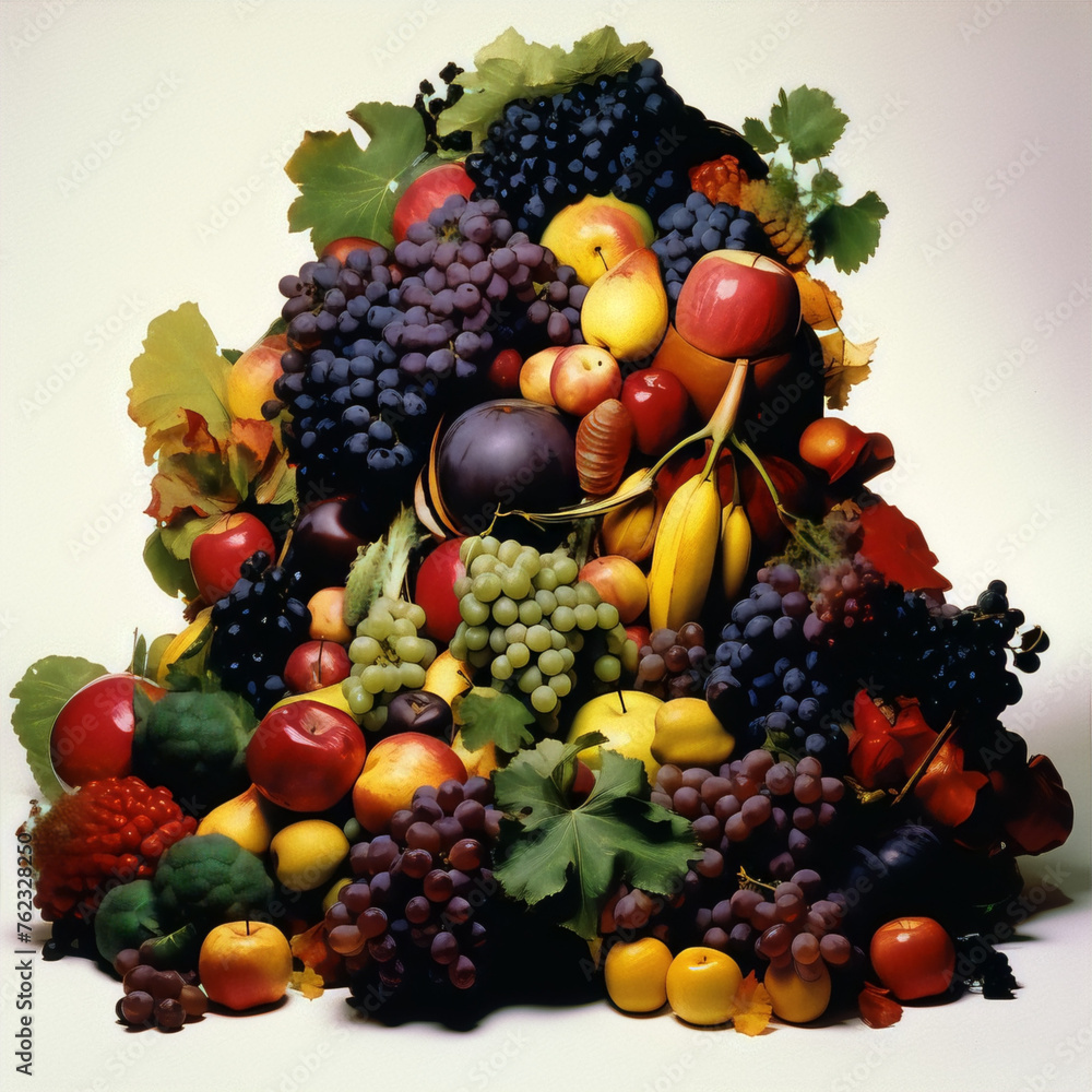 Still life of a cornucopia of fruits and vegetables in a painterly style with vibrant colors.