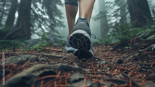 a forest trail run with an image showcasing unbranded running shoes, highlighting the realism of the highly detailed forest floor in exquisite detail.