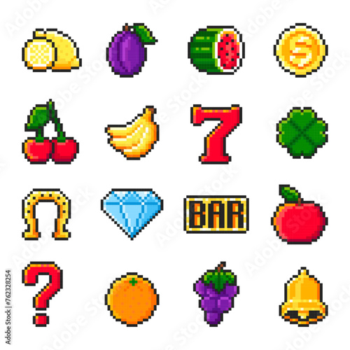 Pixel slot machine symbols set isolated on white background. Icons for casino app. Fruits and lucky symbols. Vector pixel art illustration in 8-bit old style.