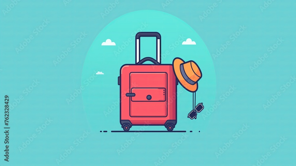 Travel concept - a suitcase with hat and sunglasses flat cartoon illustration on a blue background Travel concept - a suitcase with hat and sunglasses flat cartoon illustration on a blue background