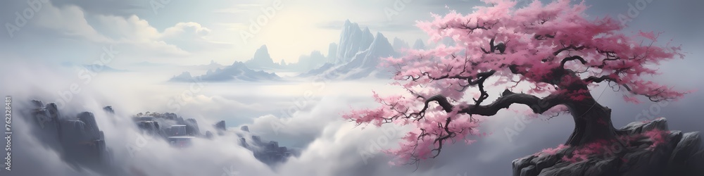 Amidst the solitude of a rocky high cliff, a solitary cherry blossom tree stands tall and proud. Its delicate pink blossoms contrast beautifully against the rugged landscape, while clouds drift lazily