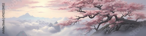 Amidst the solitude of a rocky high cliff  a solitary cherry blossom tree stands tall and proud. Its delicate pink blossoms contrast beautifully against the rugged landscape  while clouds drift lazily