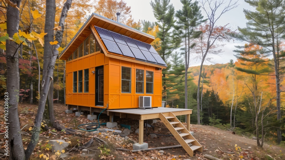 Sustainable off-grid cabin in autumnal forest with solar panels