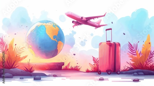 Travel illustration with airplane, Earth globe world map and suitcase cartoon voyaj