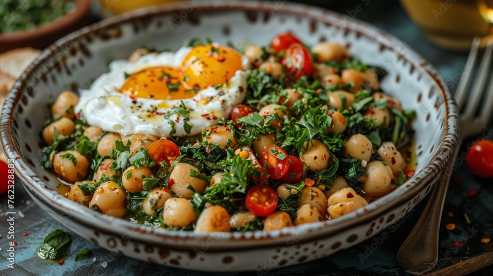 Healthy plant-based meal with eggs and greens Healthy plant-based meal with eggs and greens