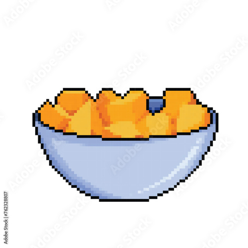 Bowl of sliced mangoes fruit or pumpkin. Pixel art retro vintage video game bit vector illustration. Simple flat cartoon art styled drawing isolated on square white background.