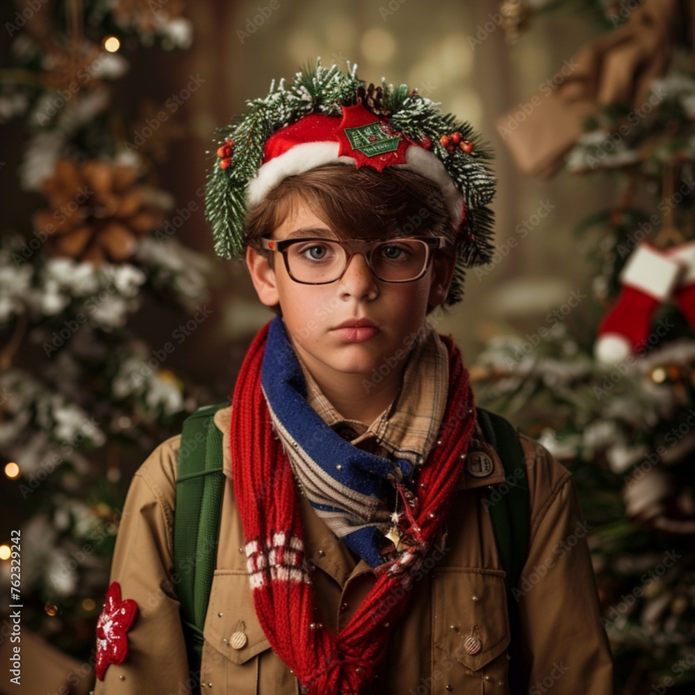 kid on scouting trip with christmas theme 