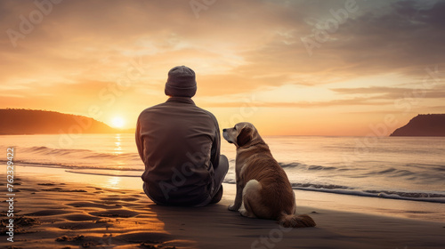 A man with a dog are sitting on the beach and looking at the sunset. © OleksandrZastrozhnov