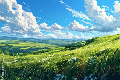 Summer fields  hills landscape  green grass  blue sky with clouds anime style