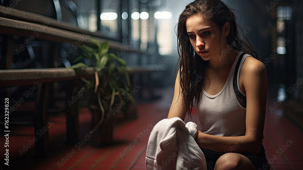 A tired woman sits with a towel in her hands in the gym.