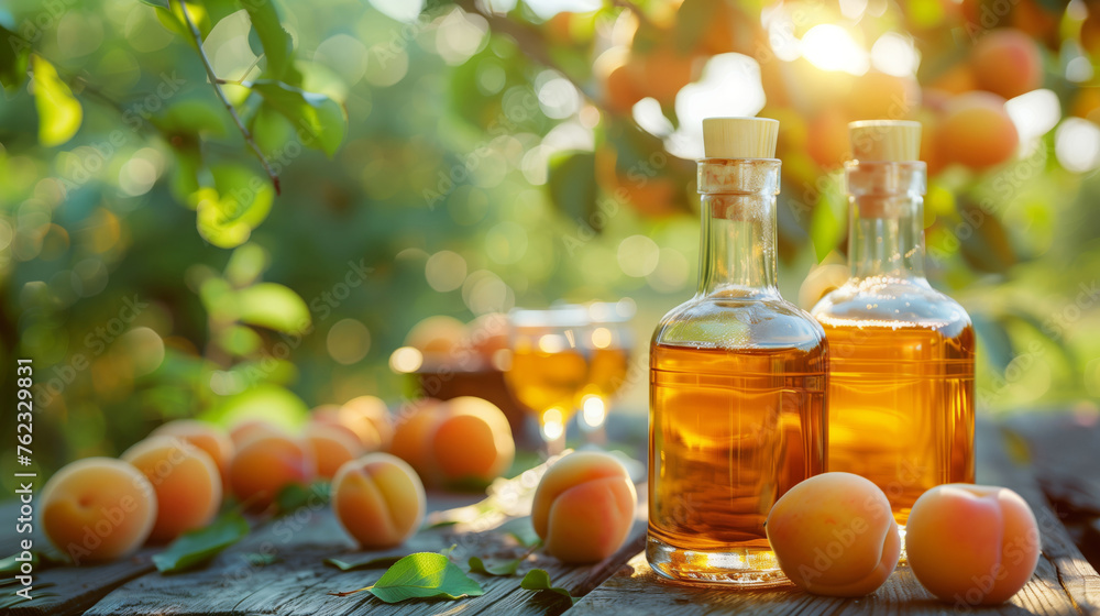 Apricot liqueur in glass bottles and ripe apricots and a beautiful sunset overlooking the apricot garden Apricot liqueur in glass bottles and ripe apricots and a beautiful sunset overlooking the apricot garden
