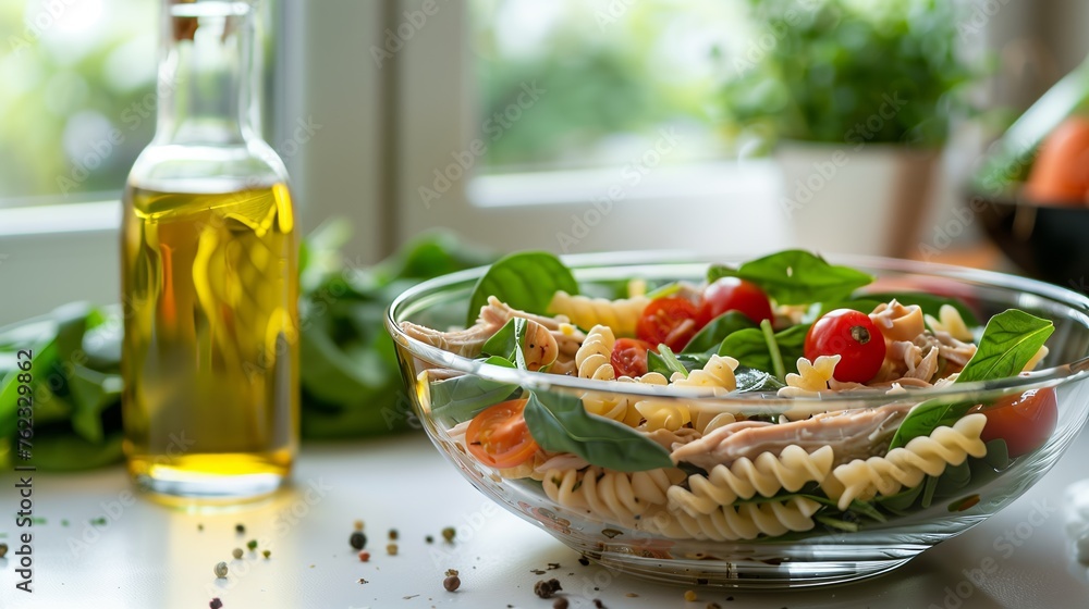 Bowl of fresh chicken salad, pasta, baby spinach and cherry tomatoes, decorated with vegetables and olive oil. Generated by artificial intelligence. Bowl of fresh chicken salad, pasta, baby spinach and cherry tomatoes, decorated with vegetables and olive oil. Generated by artificial intelligence.