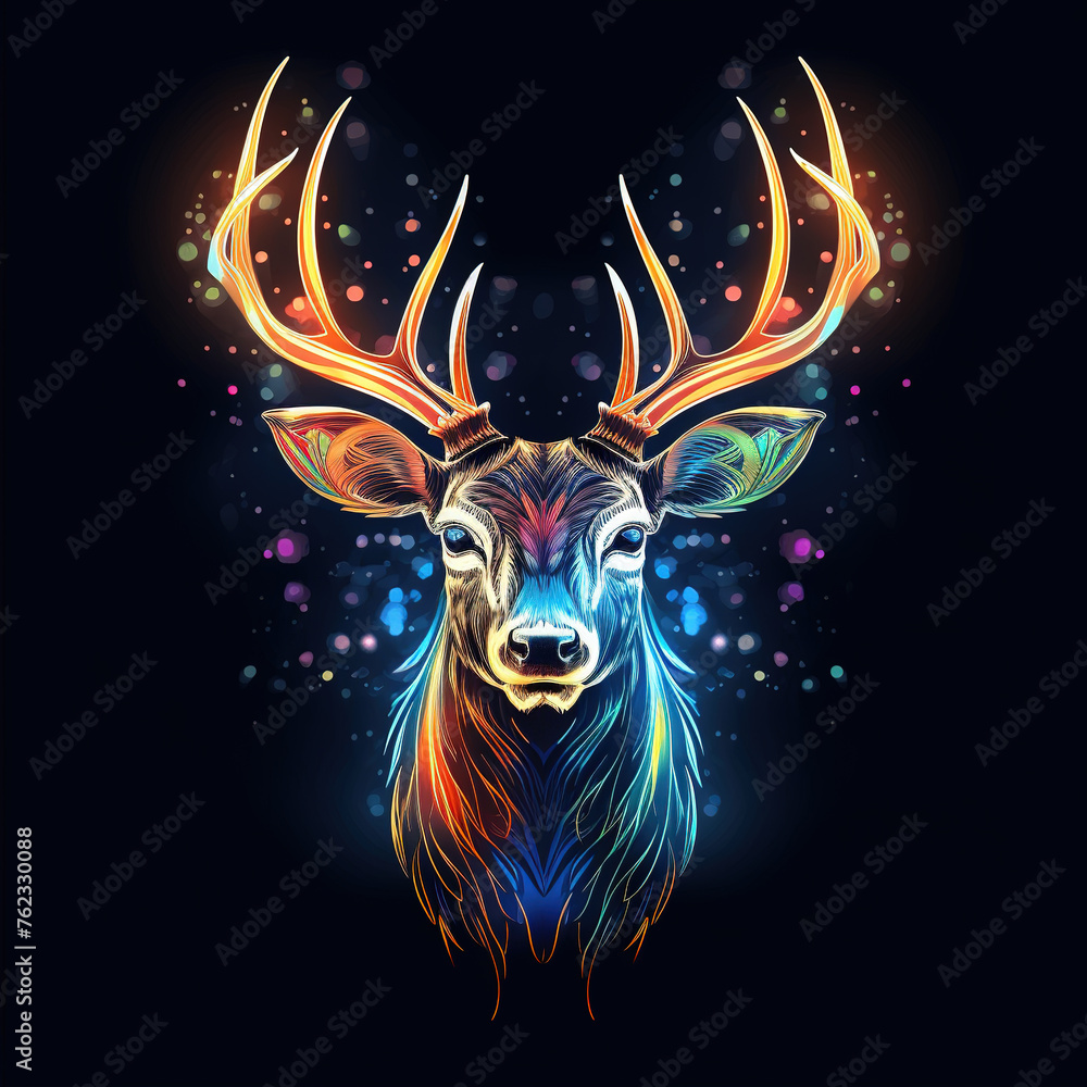A brightly colored deer head on black background. Mammals. Wild Animals. Illustration, Generative AI. A brightly colored deer head on black background. Mammals. Wild Animals. Illustration, Generative AI.