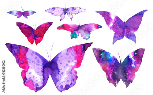Beautiful spring violet butterflies. Watercolor illustration on white background. Spring collection