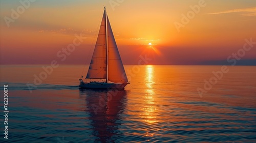 Sailboat on the Horizon at Sunset with Golden Light © Mustafa