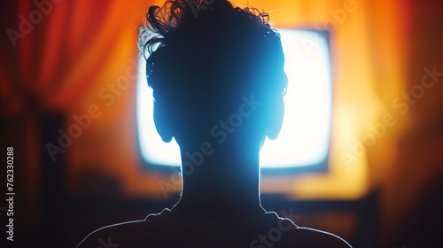 Silhouette of person watching television in dark room photo