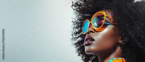 A dynamic portrayal of a woman with her afro-textured hair and fashion-forward multicolored sunglasses