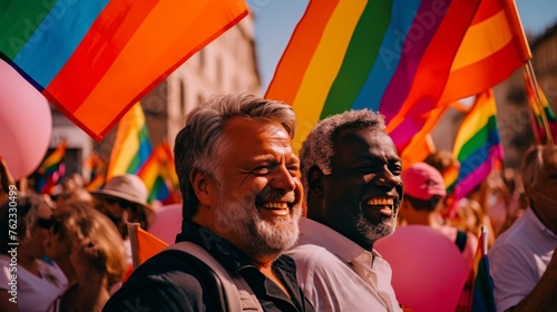 Happy smiling LGBT African and Caucasian male couple, parade, pride day, rainbow flag, concept of equal, banner