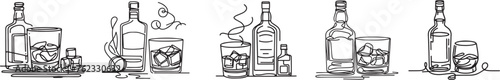 botle and glass of whisky line art drawing set