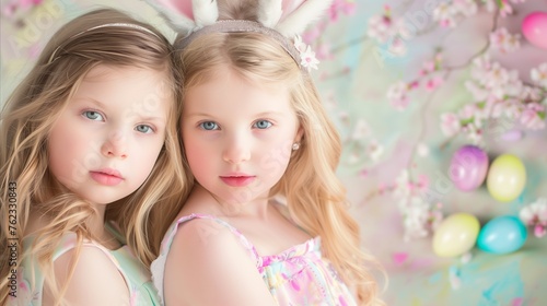 Young girls in pastel dresses celebrating Easter