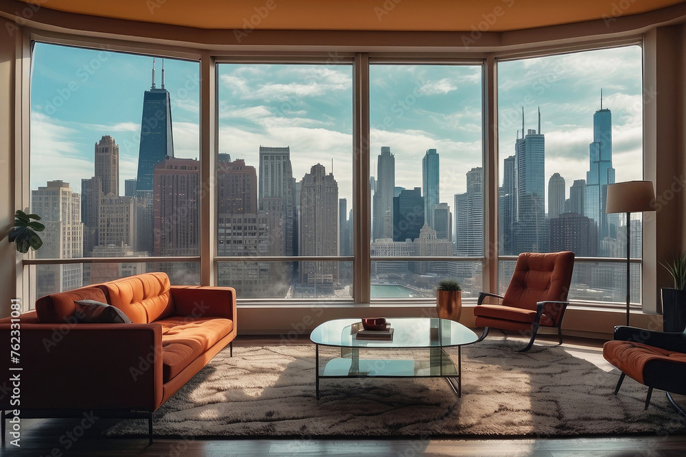Naklejka premium Chicago penthouse living room or office minimalistic interior design, floor to ceiling windows with downtown scenic cityscape on sunny day, sun warm light