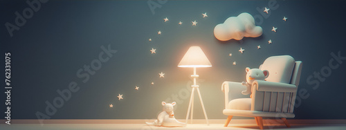 3D rendering of a starry night sky with a lamp, a teddy bear, and a rabbit in a cozy armchair.