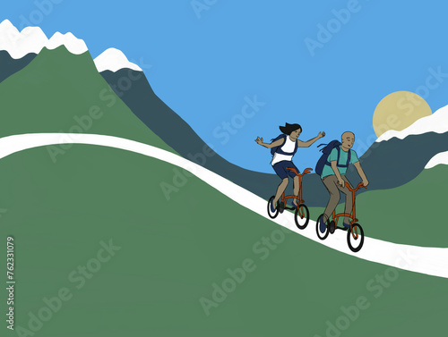 man and woman riding a bicycle among the mountains