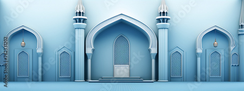 3D rendering of a blue mosque interior with intricate patterns and arches in an arabesque style.