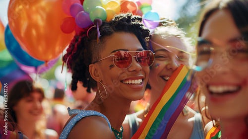 Young trans black woman at the pride parade smiling ful of joy