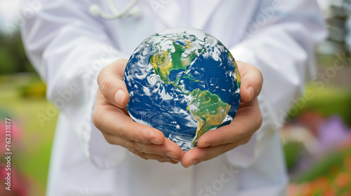 A doctor in a surgeon's uniform and gloves holds planet earth in his hands. Take care of our planet. World Health Day. 
