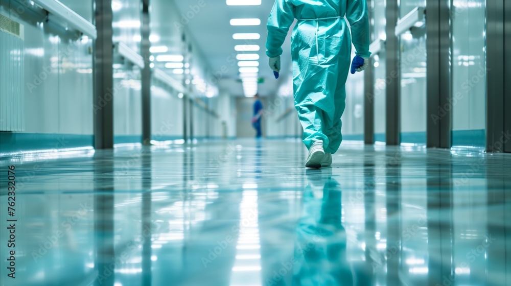 Professional cleaner walking down a hospital corridor - obrazy, fototapety, plakaty 