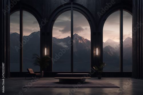 Futuristic living room interior with large arched windows and mountain landscape view in the style of dark futurism