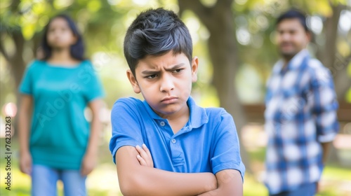 Upset boy with arms crossed in a family argument at park