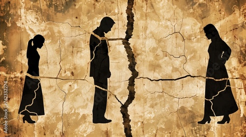 Family conflict concept with silhouettes and crack