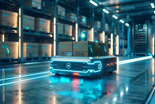Future Technology 3D Concept: Automated Retail Warehouse AGV Robots with Infographics Delivering Cardboard Boxes in Distribution Logistics Center. Automated Guided Vehicles Goods Products Packages