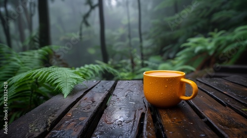 Orange mug on a rainy wooden deck in the forest